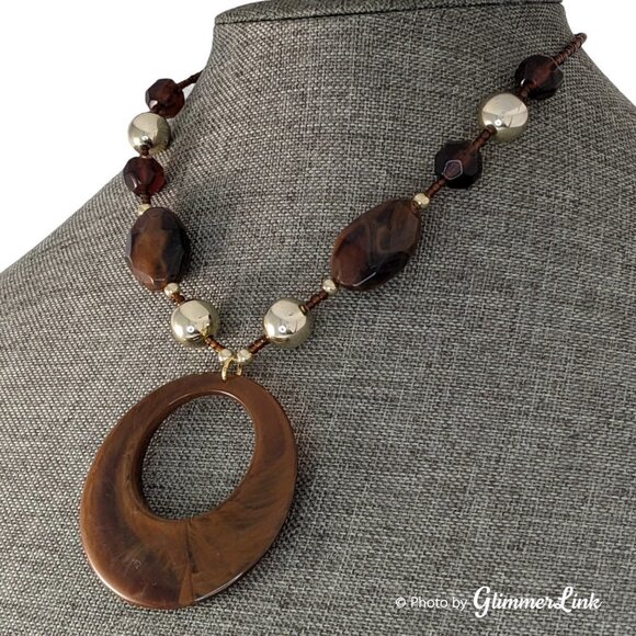 Boho Brown & Gold Tone Beaded Donut Pendant Necklace - Picture 3 of 7